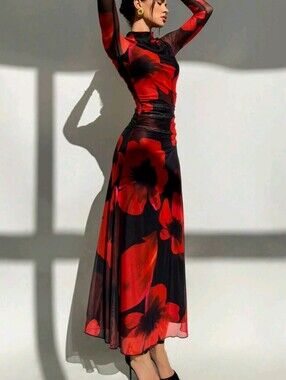 Red Tie-Dye Floral Mesh Print Long-Sleeved Fitted Dress